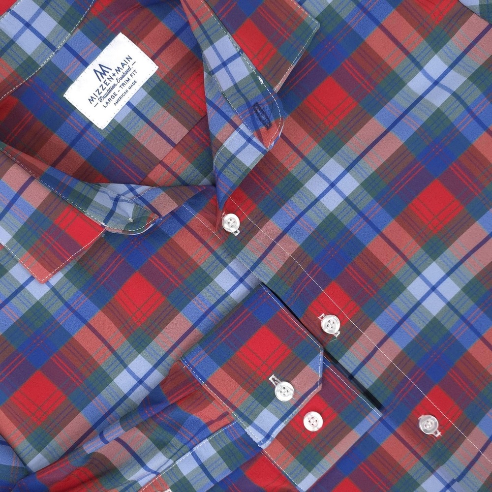 Mizzen+Main Shirt Mens Large Red Blue Plaid Long Sleeve Button Up Trim‎ Fit